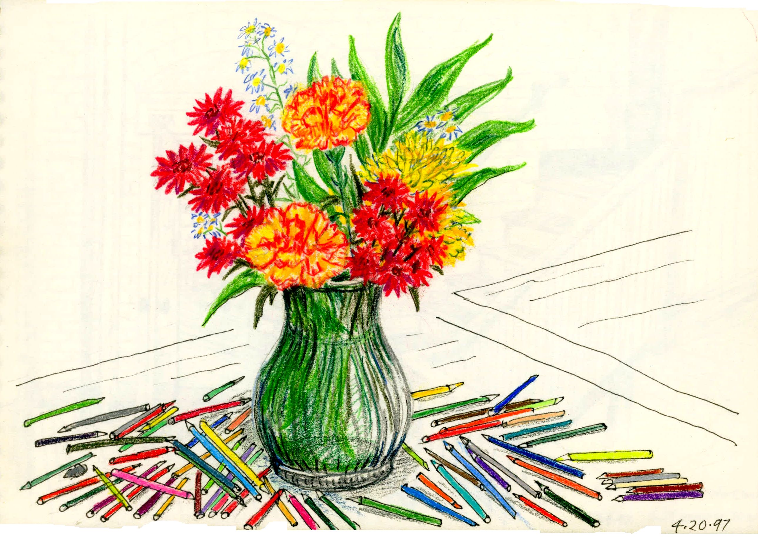 40+ Best Collections Flower Vase Drawing Images With Colour | Art Gallery