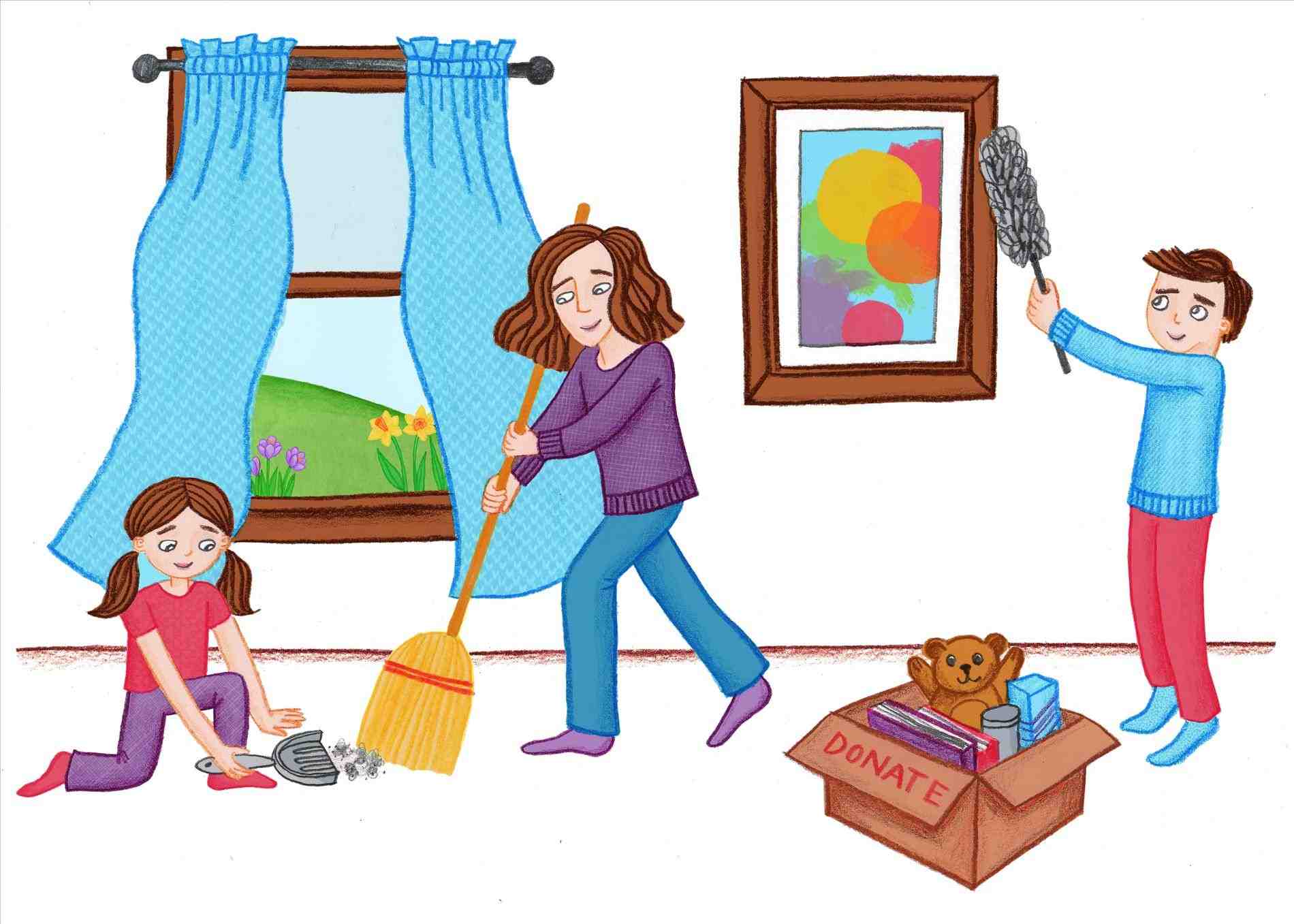 Family Cleaning In Living Room Clipart