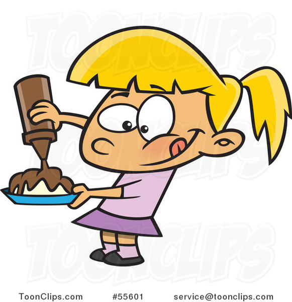 581x600 cartoon hungry blond girl pouring chocolate syrup on her