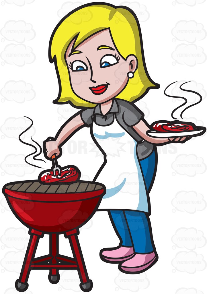 Cartoon Clipart of a Cave Woman with a Grilled Steak on a 