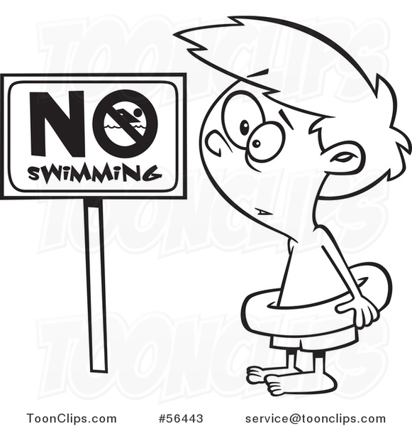 581x600 cartoon outline boy wearing an inner tube by a no