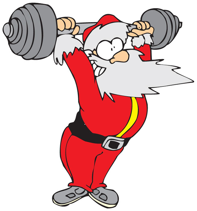 Strong Santa Claus Holding A Gift In Hands, Funny Cartoon 