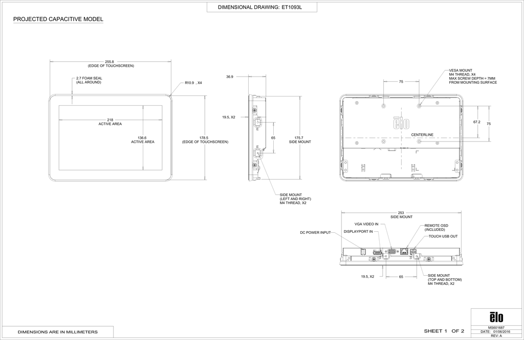 1024x666 Projected Capacitive Model Dimensional Drawing