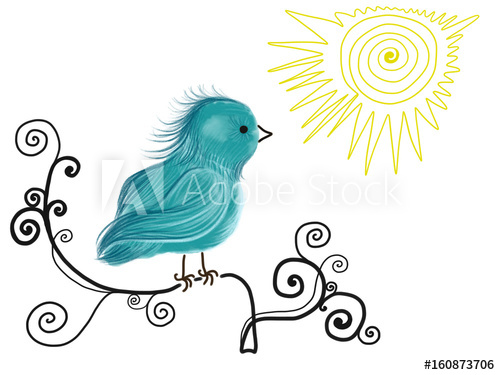 500x375 Colorful Hand Drawn Blue Bird On Abstract Branch Of Tree