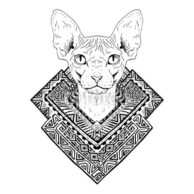 400x400 Black And White Animal Cat Head, Abstract Art, Tattoo, Doodle