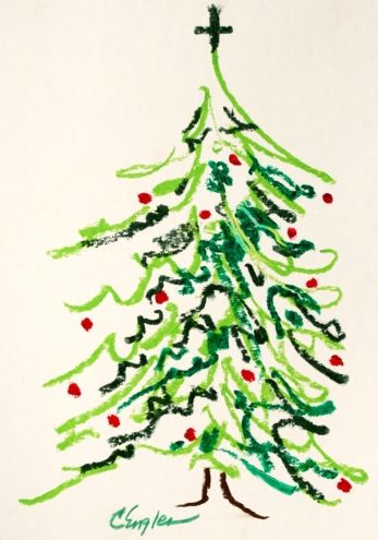 347x495 Christmas Tree, Abstract Oil Pastel Drawing