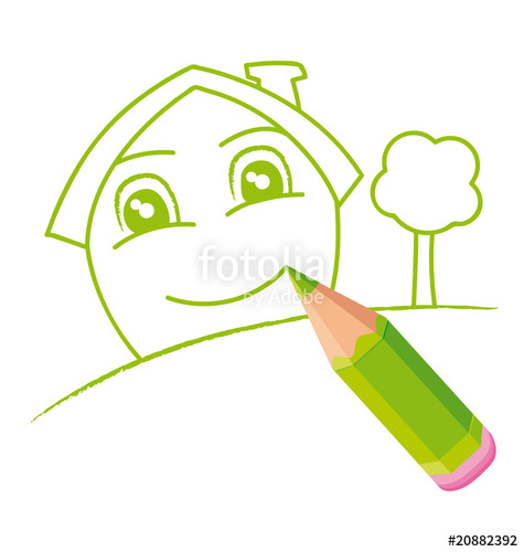475x500 Drawing A Green House With A Colored Pencil Stock Image