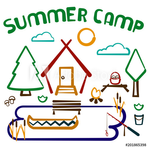 500x500 Summer Forest Camp Card With Hut, Bonefire, Lake And Inscription