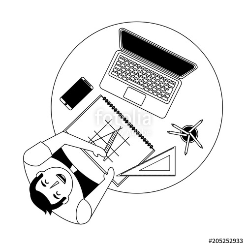 500x500 Aerial View Of Man Working With Computer And Architecture Vector