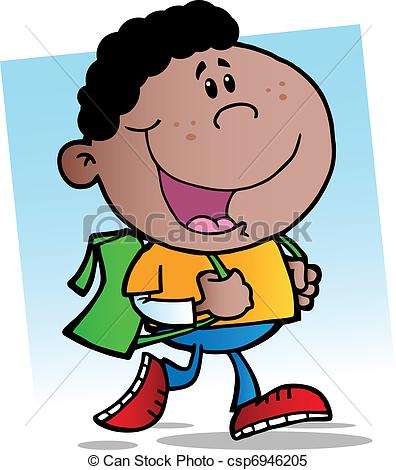 396x470 African American Walking School Boy Illustration Clipart Vector