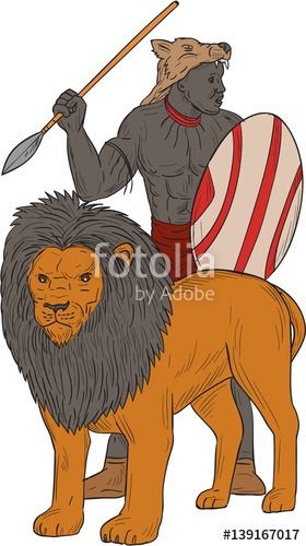 280x500 African Warrior Spear Hunting With Lion Drawing Stock Image