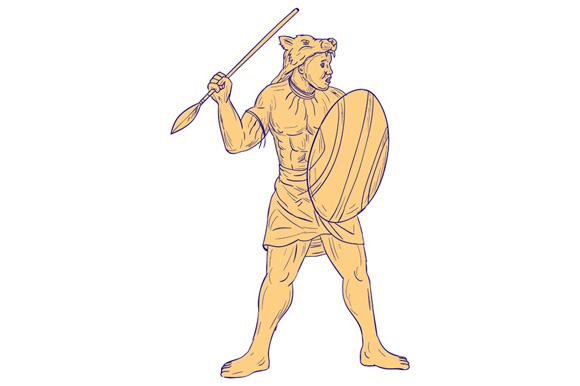 580x386 African Warrior Wolf Mask Spear Drawing