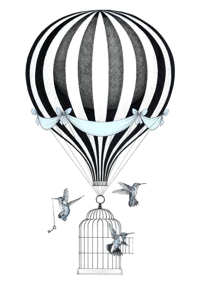 770x1078 Hot Air Balloon And Birds Drawing