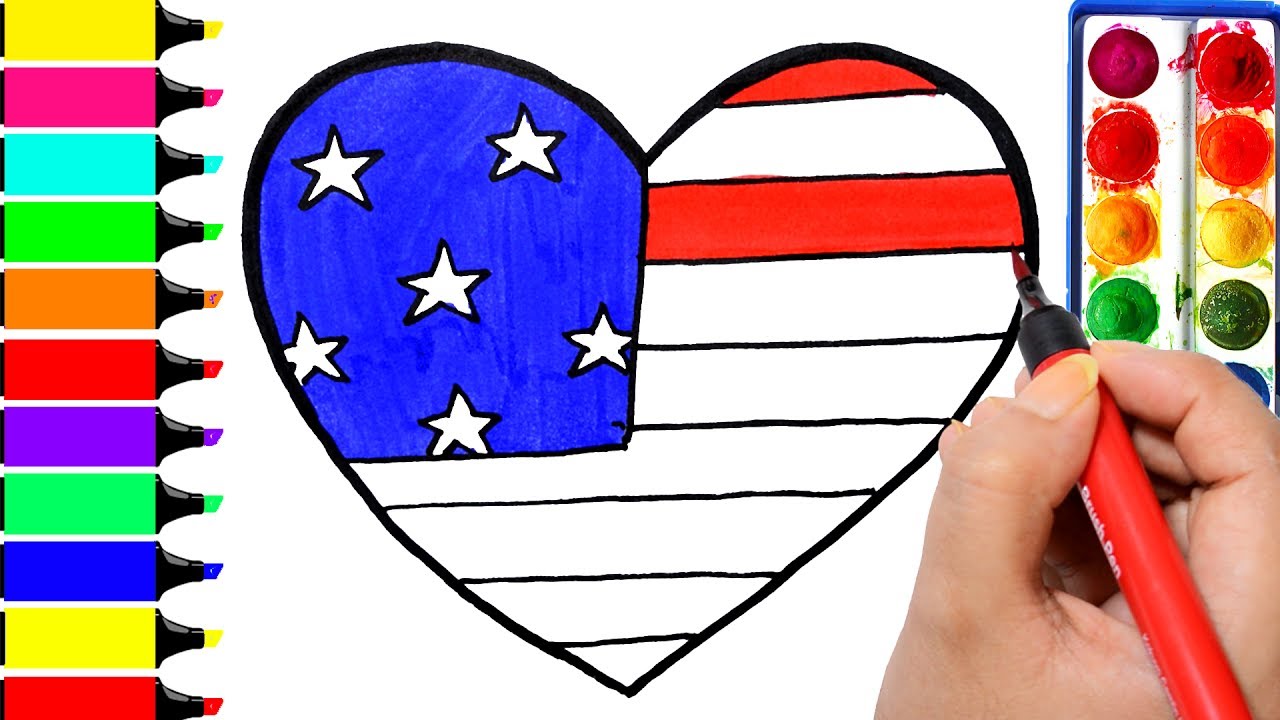 1280x720 Usa Heart Coloring Page, Drawing American Flag Independence Day