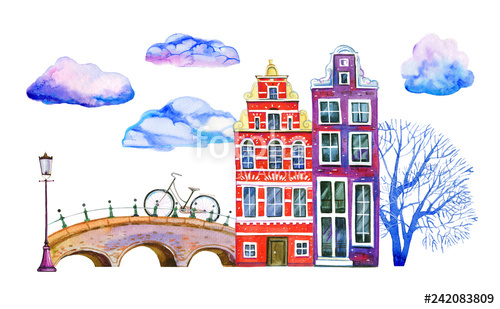 500x309 amsterdam watercolor hand drawn illustration two houses