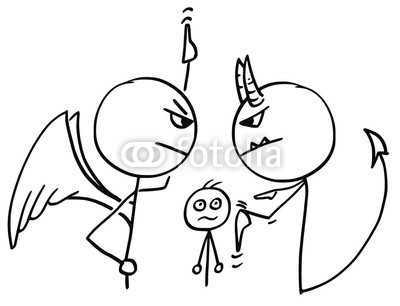 400x306 vector cartoon of angel and devil arguing fighting about man buy
