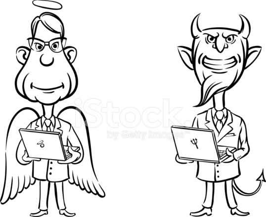 538x439 Whiteboard Drawing Angel And Devil With Laptop Computers Stock