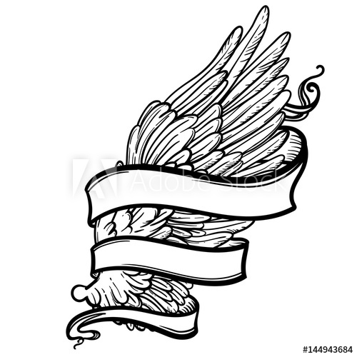 500x500 Line Art Illustration Of Angel Wing And Ribbon Hand Drawn Vector