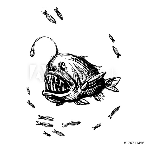 500x500 Handsketched Angler Fish, Toothy Fish Monster Monkfish Ink Sketch