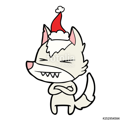 500x500 Angry Wolf Line Drawing Of A Wearing Santa Hat Stock Image