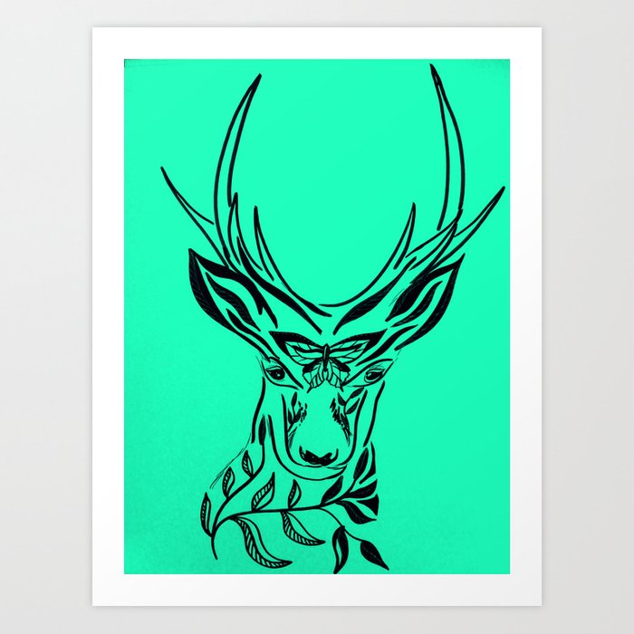 700x700 aqua deer, deer head with antlers, drawing of a deer head art