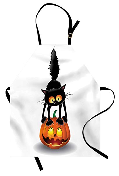 409x606 Ambesonne Halloween Apron, Black Cat On Pumpkin