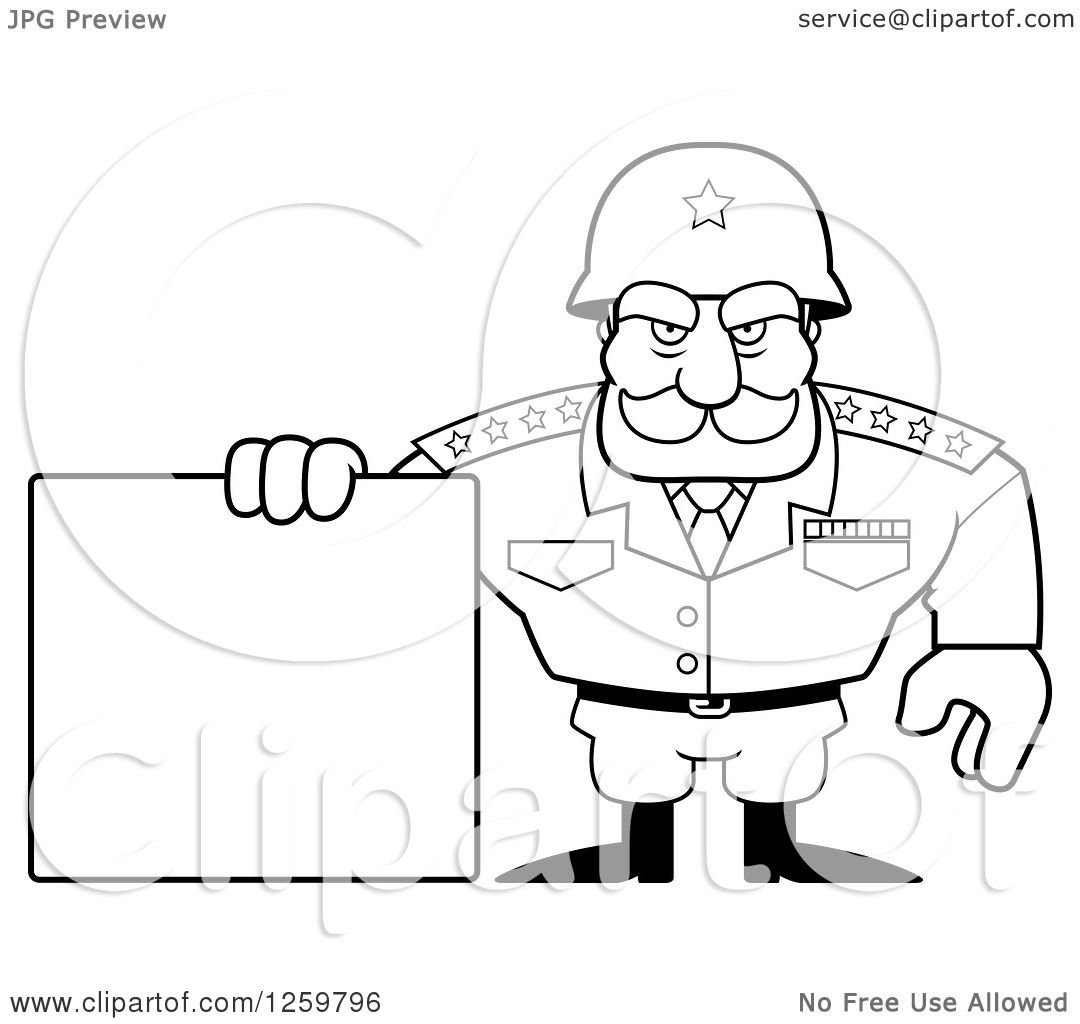 1080x1024 Clipart Of A Black And White Army General Man Holding A Blank Sign
