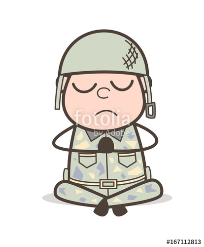 414x500 cartoon army man doing concentration in yoga vector illustration