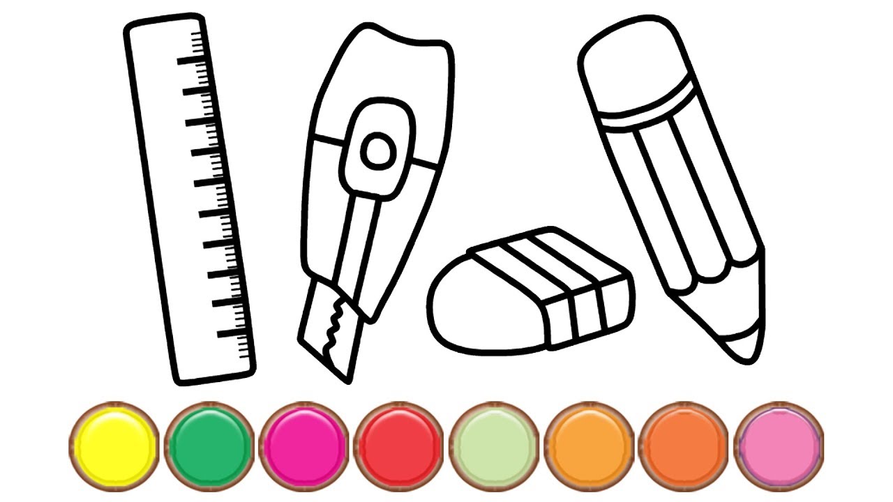 1280x720 School Supplies Coloring And Drawing Pencil, Eraser, Paper