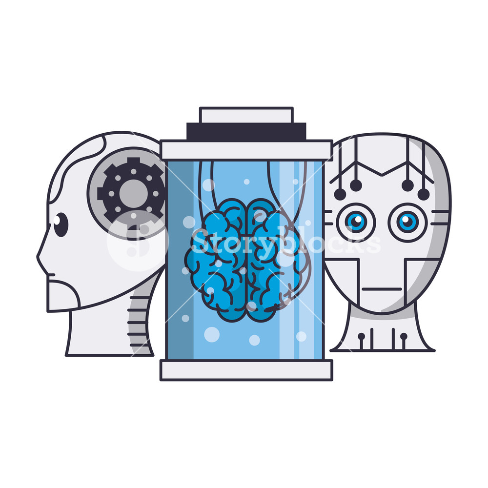 1000x1000 Artificial Intelligence Brain And Robot Heads Vector Illustration