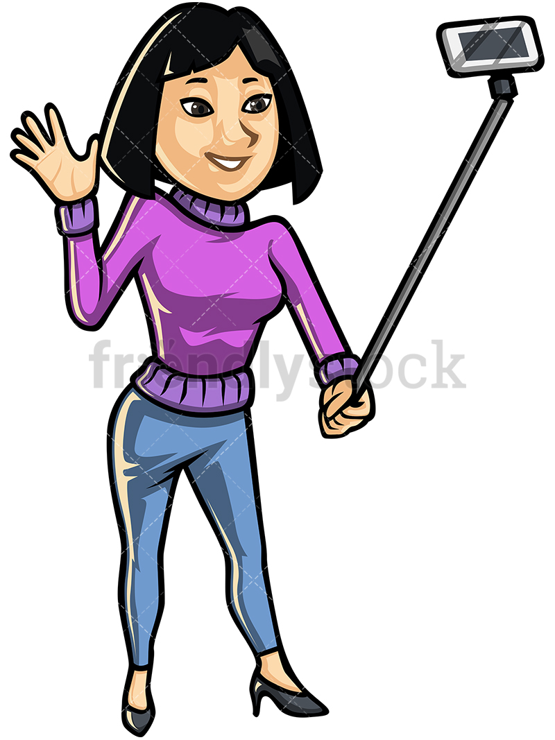 800x1067 Asian Woman Taking Selfie With Stick Vector Cartoon Clipart