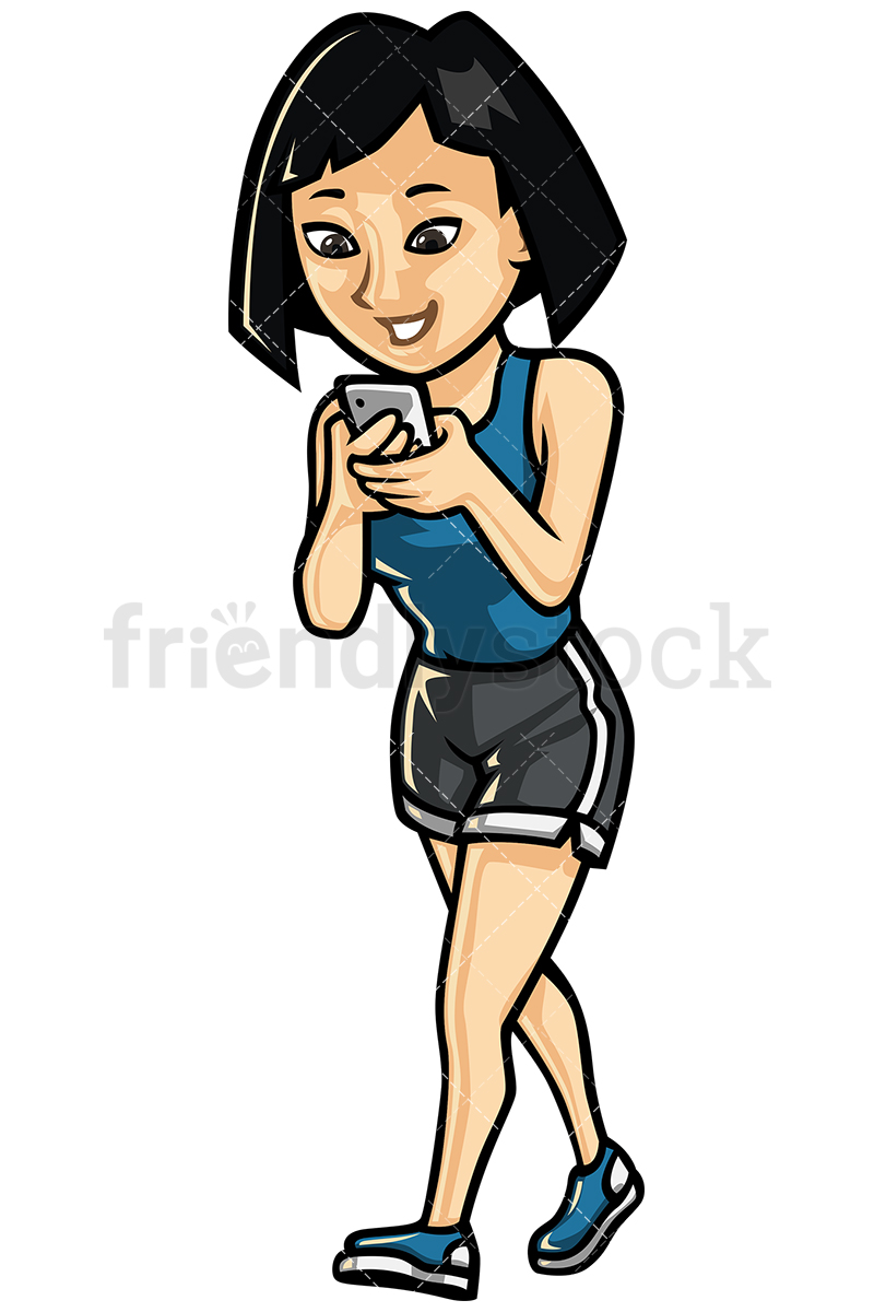 800x1200 Asian Woman Texting While Walking Vector Cartoon Clipart