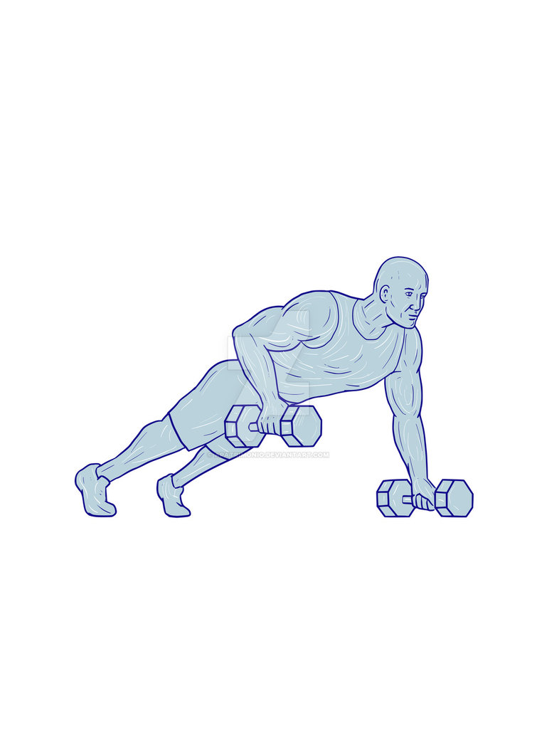 755x1057 Fitness Athlete Push Up One Hand Dumbbell Drawing