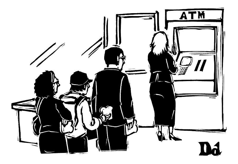 900x623 People Stand In Line At Atm Which Is An Automatic Drawing