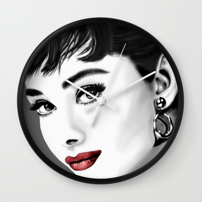 700x700 audrey hepburn gray scale with red lips wall clock