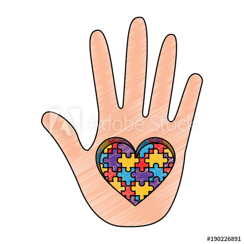 500x500 Hand With Puzzle Heart Autism Symbol Vector Illustration Drawing