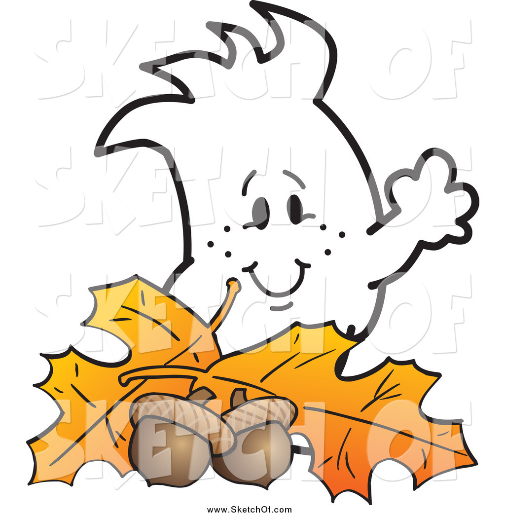 1024x1044 drawing of a sketched squiggle guy with autumn leaves and acorns