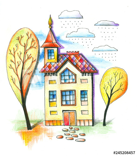 441x500 Two Storey House With Tower Between Trees In Autumn Fantasy