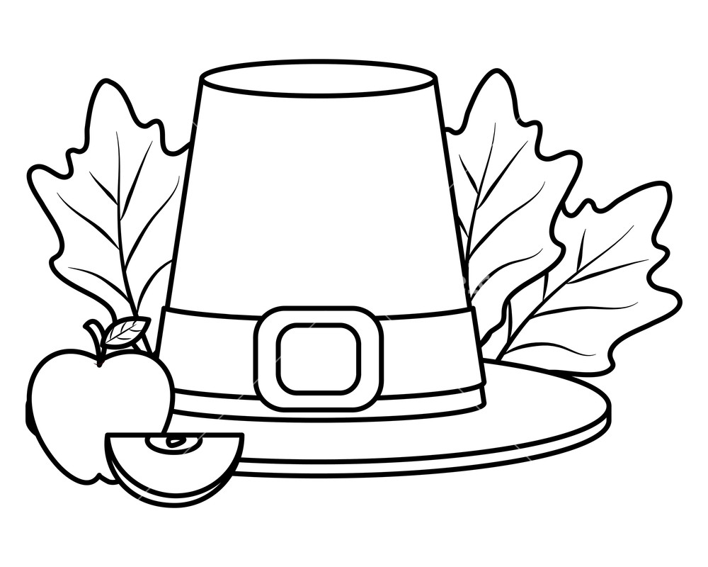1000x800 Thanksgiving Day Pilgrim Hat With Autumn Leaves And Apple Drawing