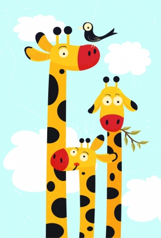 317x468 Giraffe Family Drawing High Neck Closeup Multicolored Cartoon