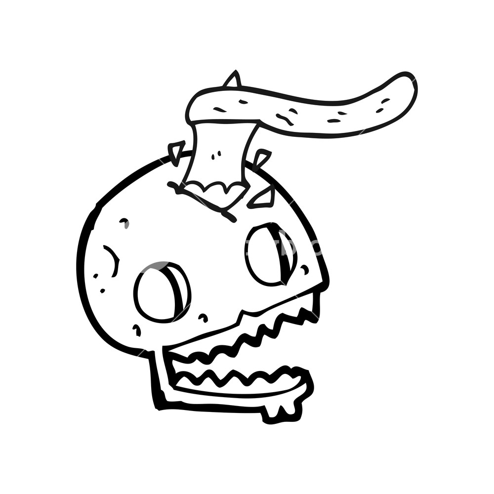 1000x1000 Freehand Drawn Black And White Cartoon Axe In Skull Royalty Free