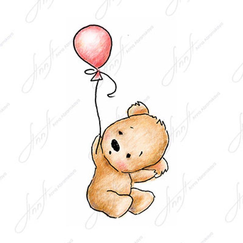 794x794 The Drawing Of Cute Teddy Bear With Pink Balloon Printable Etsy