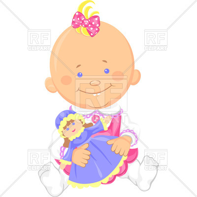 400x400 Cute Smiling Sitting Baby Girl Playing With A Toy Doll Vector