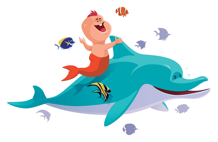 900x589 Baby Mermaid With Dolphin And Tropical Fishes Drawing