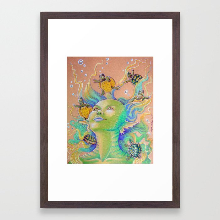 700x700 Mermaid With Baby Turtles Drawing Framed Art Print