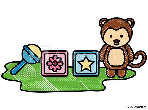 500x373 Baby Shower Toy Monkey Furry Cubes And Rattle Vector Illustration