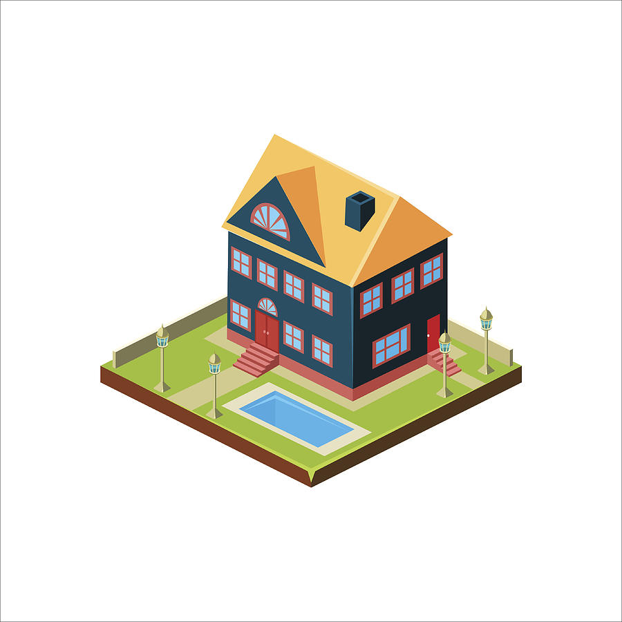 900x900 Isometric Icon Representing Modern House With Backyard Drawing