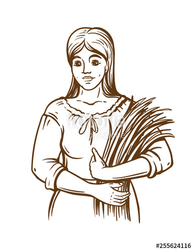 387x500 Woman In Dress Hold Fresh Grass Green Fodder Hand Draw Bakery
