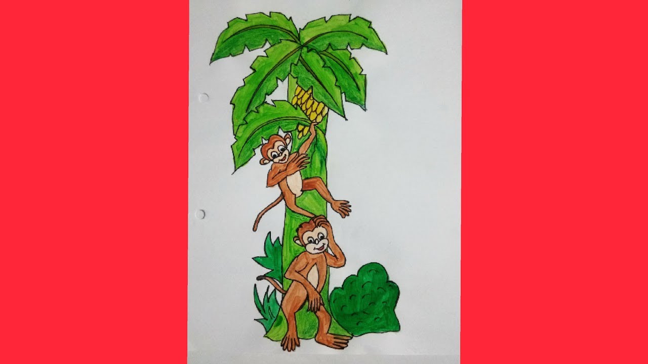1280x720 How To Draw Monkey And Banana Tree For Kids Coloring Art Colours