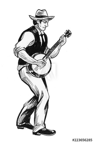 329x500 Country Musician Playing Banjo Ink Black And White Drawing